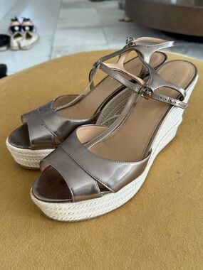 Sergio Ross Metallic Taupe Wedge Espadrilles Sandals - Women, Great Condition